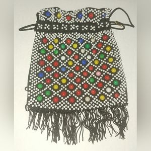 Women's Plastic Multi Color Beaded Purse Cinch Tie Fringe Accents Unbranded